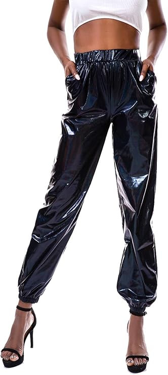 SIAEAMRG Womens Shiny Metallic High Waist Stretchy Jogger Pants, Wet Look Hip Hop Club Wear Holog... | Amazon (US)