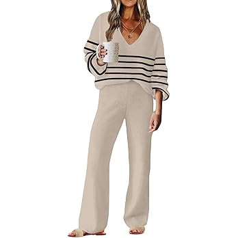 ETCYY NEW Womens 2 Piece Outfits Sweater Lounge Set Casual V Neck Knit Pajama Set Long Sleeve Top... | Amazon (US)
