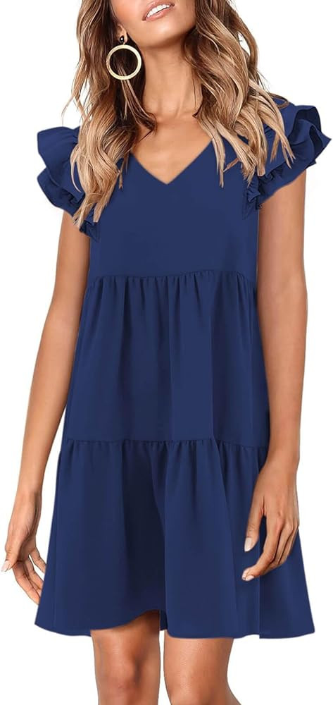 Zwurew Summer Babydoll Dresses for Women 2024 Cute Ruffle Cap Sleeve V-Neck Flowy Swing Mini Dres... | Amazon (US)