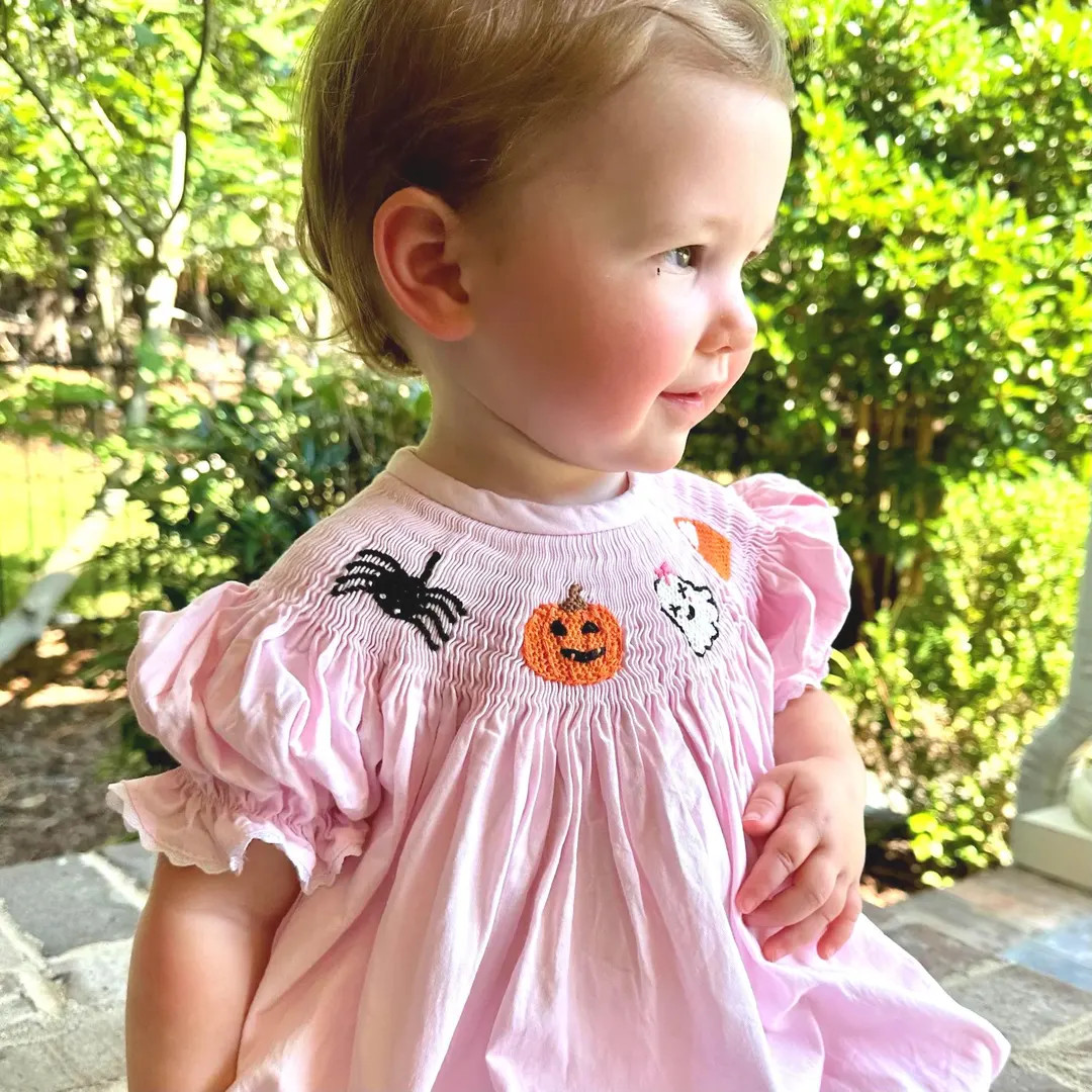 Smocked Halloween Bubble in Pink With Spider, Candy Corn, Ghost, and Pumpkin Romper Style, Trick ... | Etsy (US)