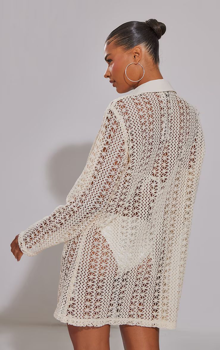 Cream Crochet Oversized Beach Shirt | PrettyLittleThing US