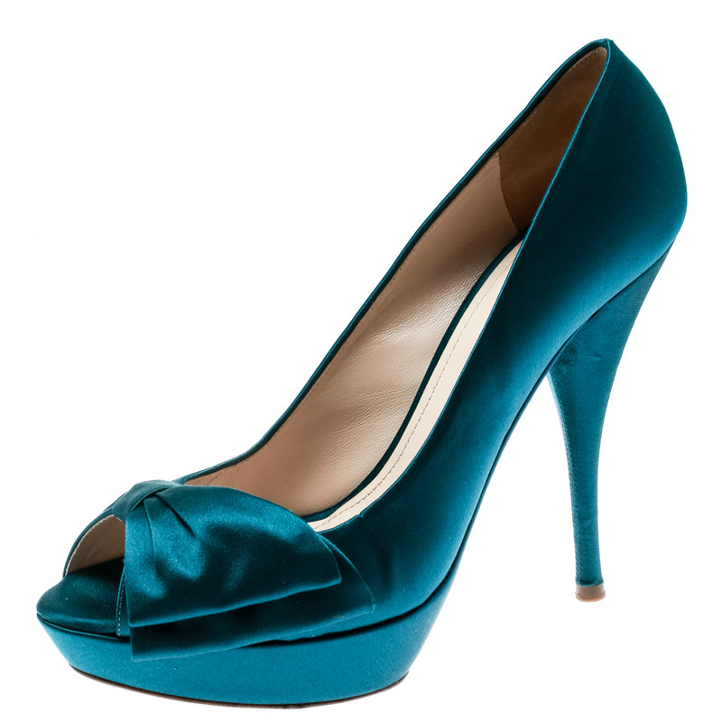 Prada Turquoise Blue Satin Bow Detail Peep Toe Platform Pumps Size 39.5 | The Luxury Closet