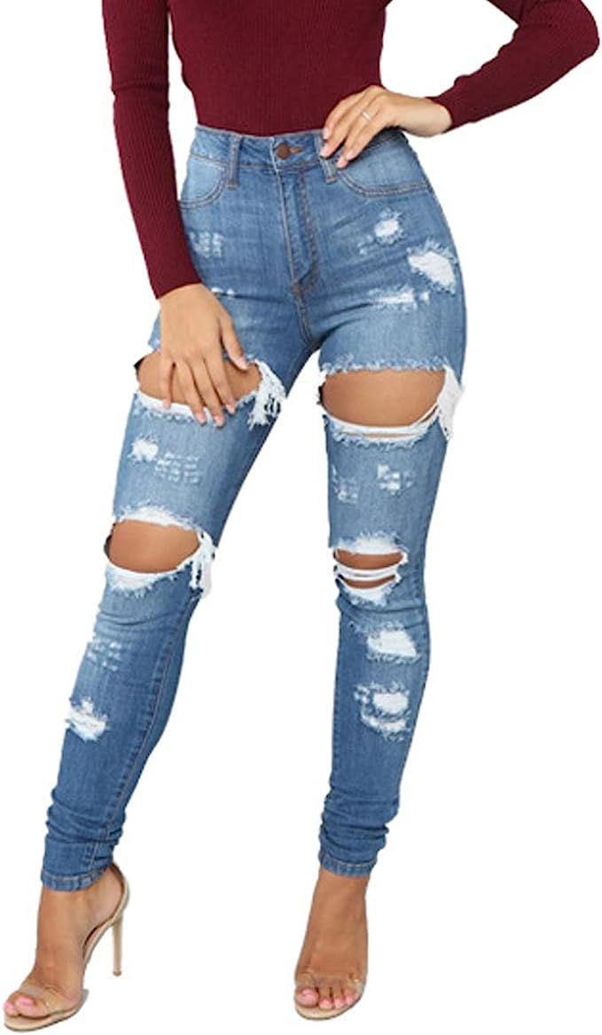Tulucky Women's Boyfriend Jeans Distressed Slim Fit Ripped Denim Pants Comfy Stretch Skinny Jeans | Amazon (US)