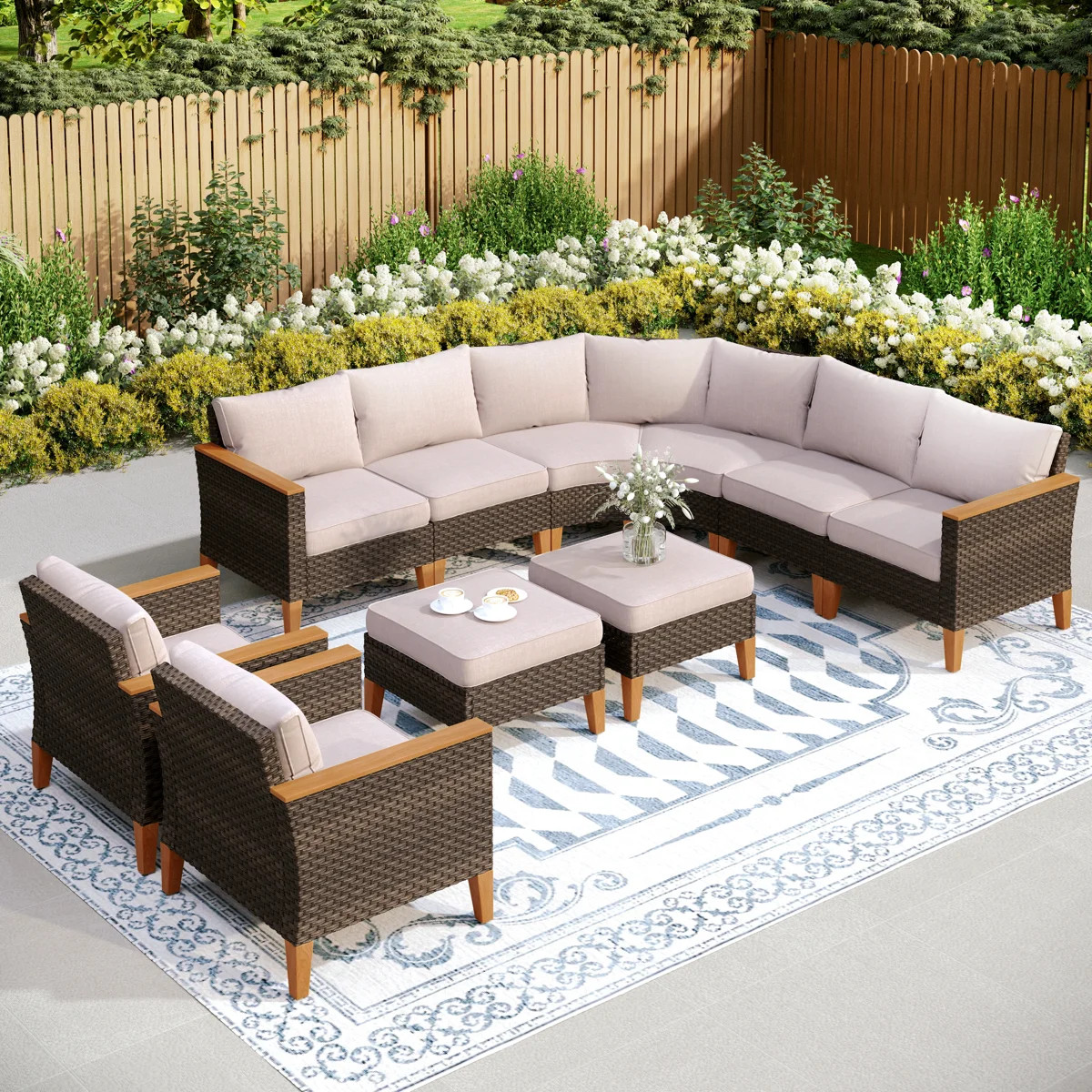 Salem 9 Piece Wicker Outdoor Patio Furniture Set, Stylish Rattan Sectional Patio Set with Beige C... | Wayfair North America