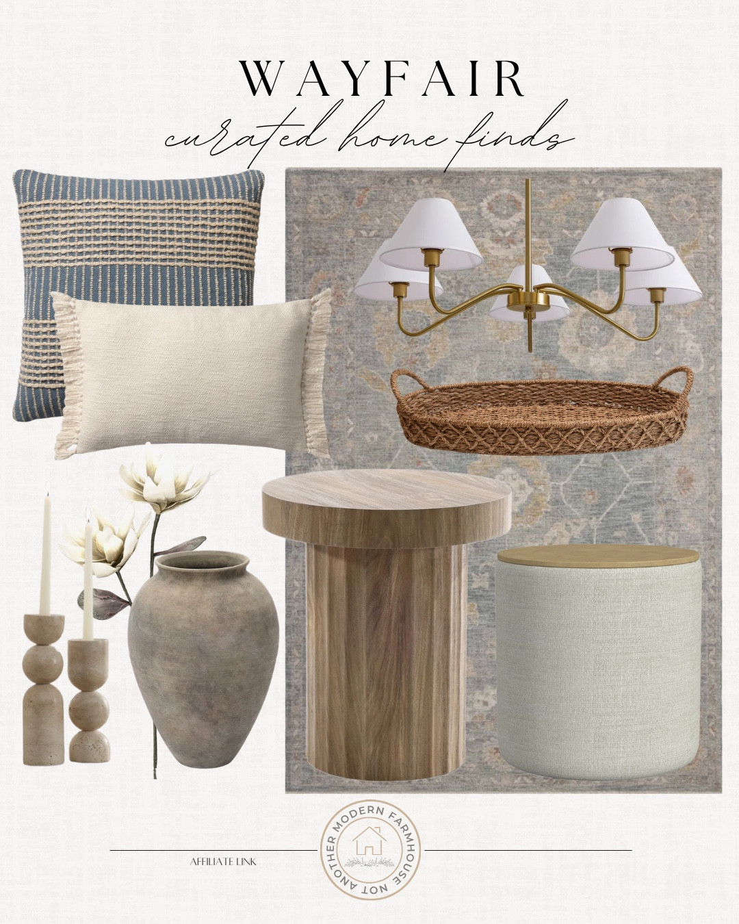Wayfair curated home finds include chandelier, tray, ottoman, side table, vase, floral stem, candle stick holder, throw pillows, area rug. 

Home decor, neutral home, neutral decor, home accents, looks for less

#LTKHome #LTKSaleAlert #LTKSeasonal