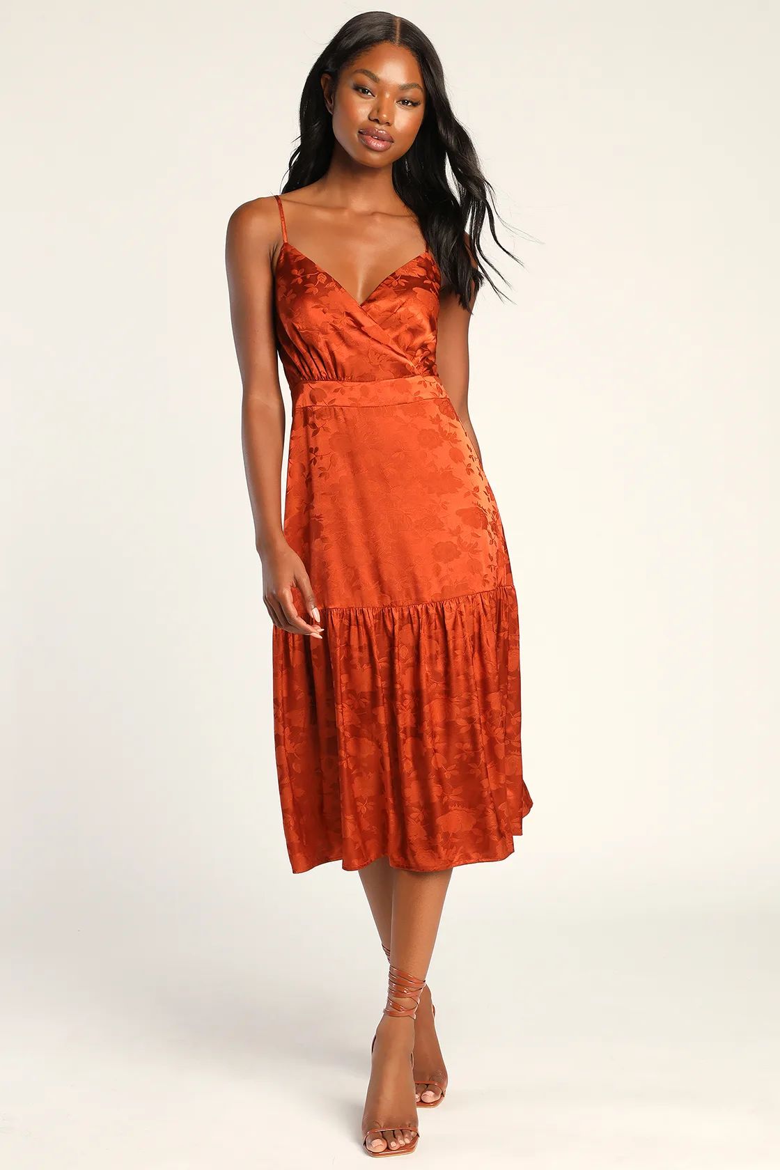Be Your Favorite Rust Orange Satin Jacquard Midi Dress | Lulus (US)