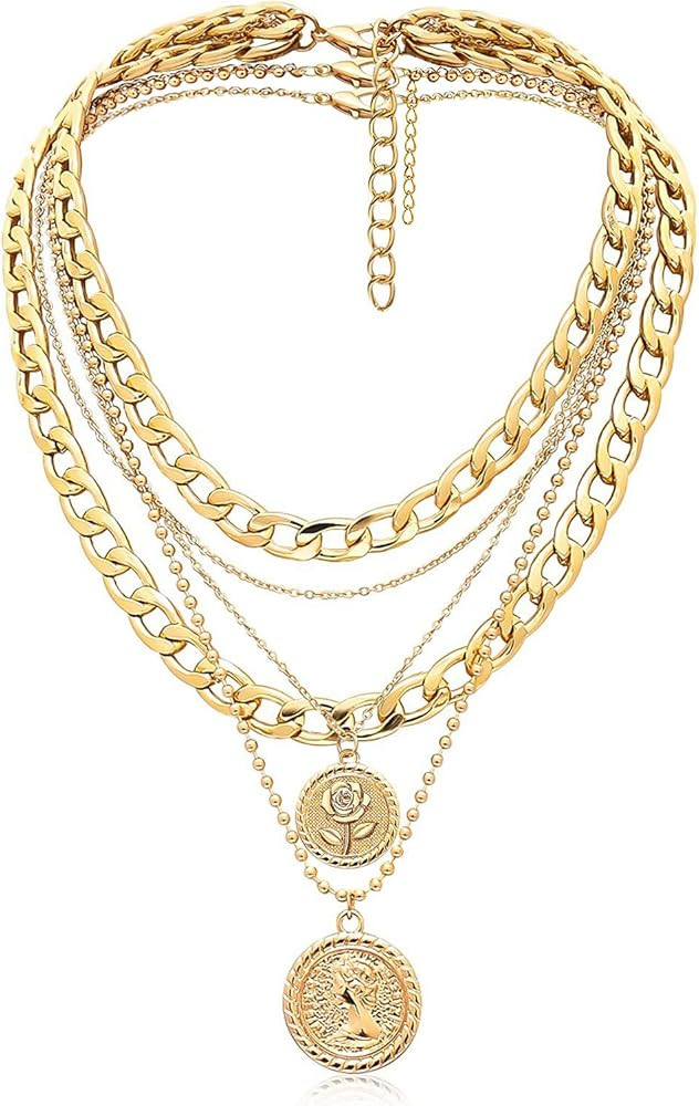 MJartoria Gold Layered Necklaces for Women Trendy Retro Coin Pendant Necklace Dainty Chunky Chain... | Amazon (US)