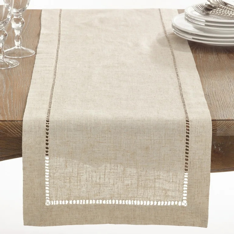 SARO  16 x 90 in. Rectangle Hemstitched Linen Blend Table Runner - Natural | Walmart (US)