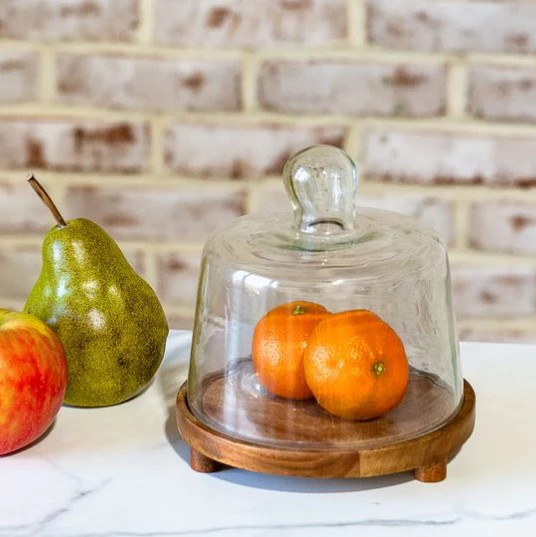 Glass Cake Dome With Wood Base - Mini | River Chic Designs