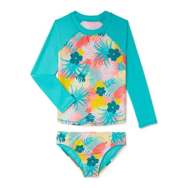 Wonder Nation Girls Tropical Floral Long Sleeve Rashguard Swim Set with UPF 50+ Sun Protection, 2... | Walmart (US)