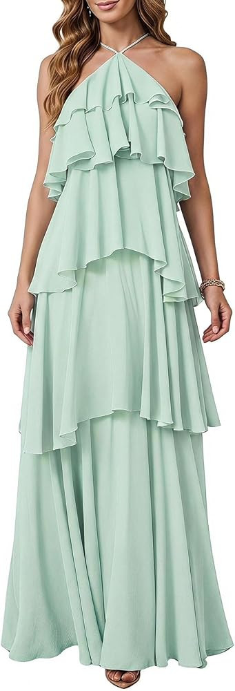 SOLY HUX Women's Wedding Guest Dress Sundresses Ruffle Layered Halter Backless Flowy Formal Maxi ... | Amazon (US)