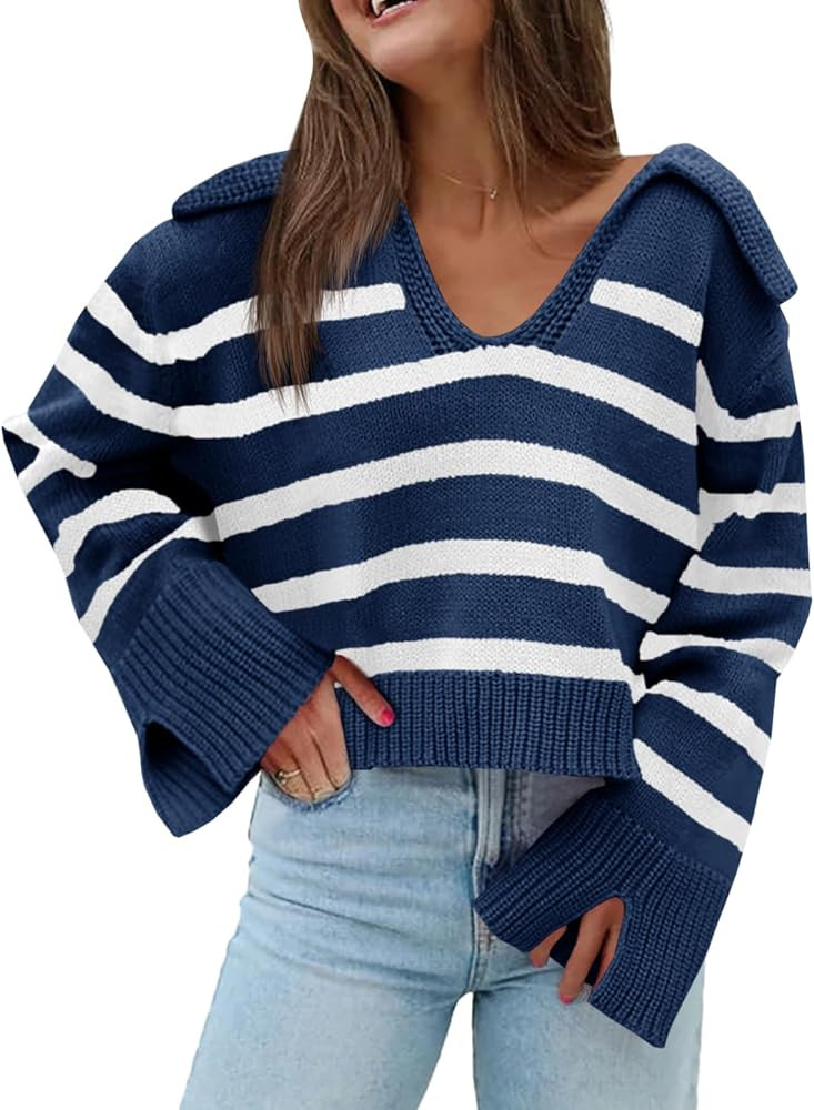 Saodimallsu Womens Striped Sweater V Neck Collared Fall Trendy Knitted Long Sleeve Loose Pullover... | Amazon (US)