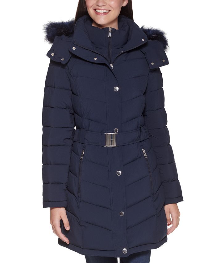 Tommy Hilfiger Women's Belted Faux-Fur-Trim Hooded Puffer Coat, Created for Macy's & Reviews - Co... | Macys (US)
