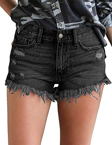 MODARANI Black Denim Shorts for Women Distressed Jean Shorts Mid Rise Ripped Short Pants M | Amazon (US)