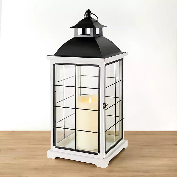 White and Black Pine Wood Lantern, 27 in. | Kirkland's Home