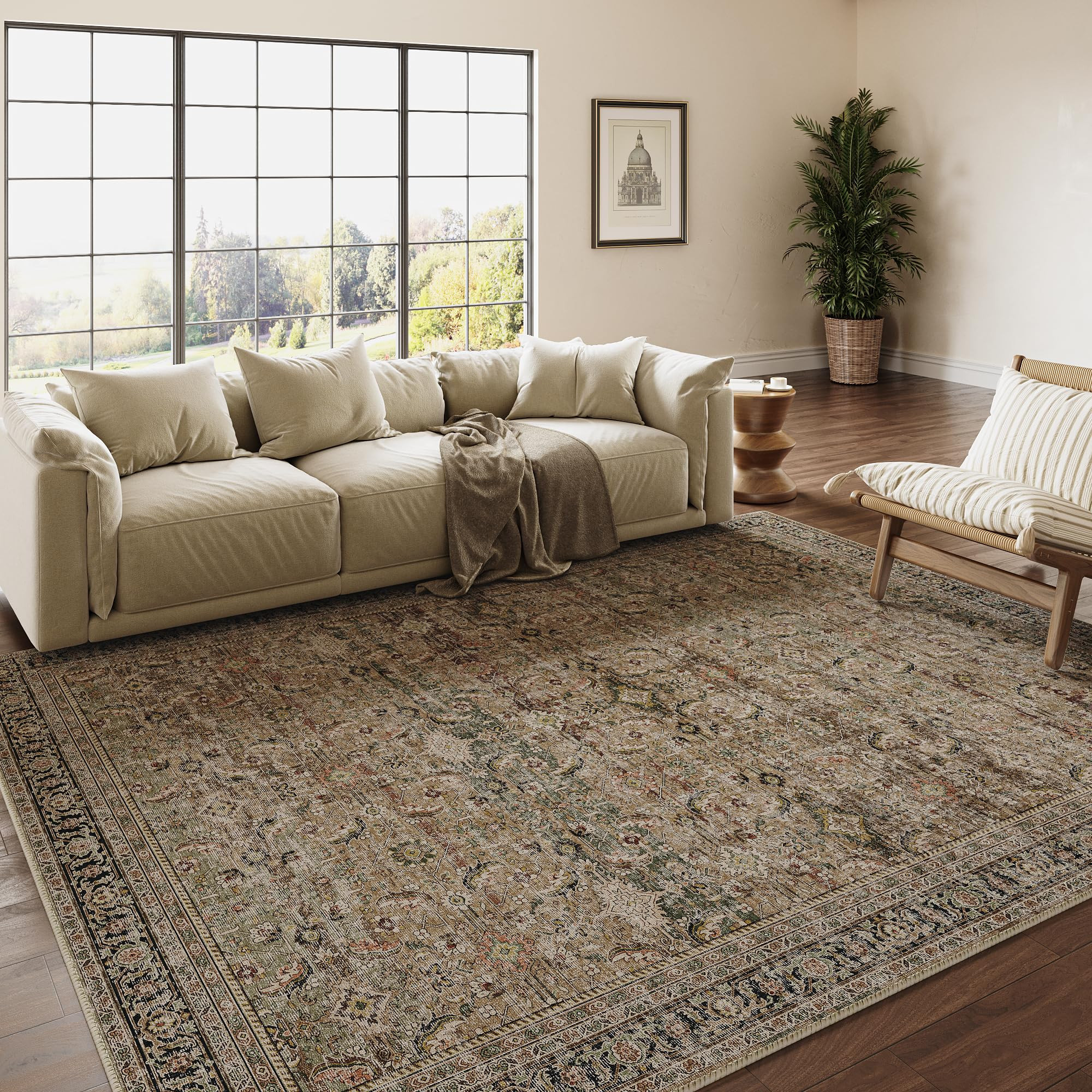 8x10 Washable Area Rug Brown Vintage Distressed Living Room Bedroom Large Throw Rug Non Slip Low ... | Amazon (US)