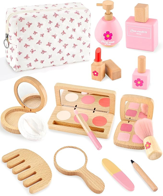 Wooden Pretend Makeup Kit for Girls Ages 3–5, Kids Pretend Play Cosmetic Set with Mirror, Lipst... | Amazon (US)
