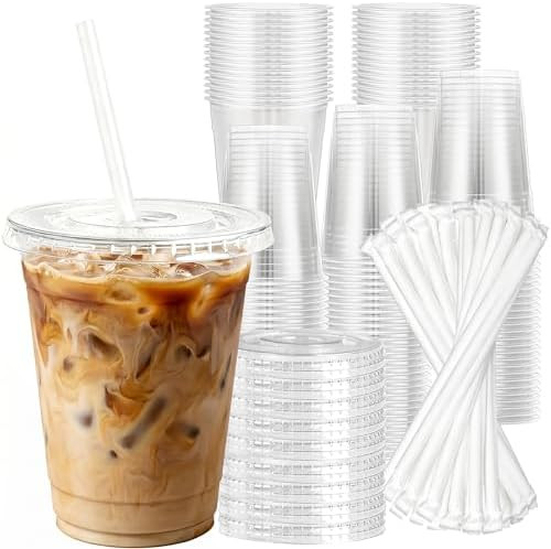 Charmount 100 Sets 16 oz Plastic Cups with Lids and Straws | Amazon (US)