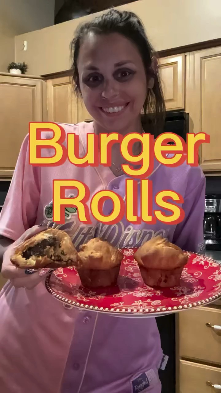 Burger Rolls  Ingredients: 1lb ground meat rolled into burger patties Salt Black Pepper McCormick BBQ Seasoning Crescent Rolls Scallions Cheese Pickle  Directions: Cook burgers fully Place 2 crescent rolls (keeping as a rectangle) in a cupcake pan and press down lightly to form a pocket Place 1/4 burger patty in each pocket Add cheese Add scallions Add pickle Add cheese Add 1/4 burger patty Pinch the crescent roll to seal together Bake in oven at 350*F for 30min

Enjoy!

#foodvlog #summerrecipes #burgers #simple #easyrecipe