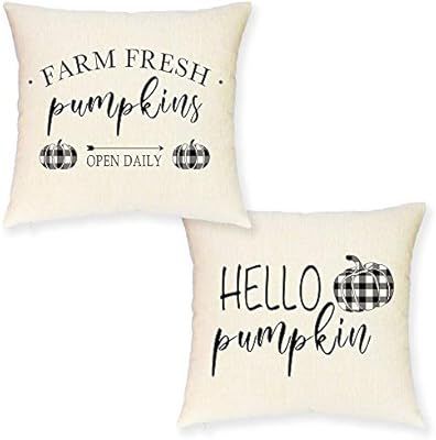 JYNHOOR Set of 2 Fall Pillow Covers 18x18 Inches –Rustic Farmhouse Buffalo Check Pumpkin Pillow... | Amazon (US)