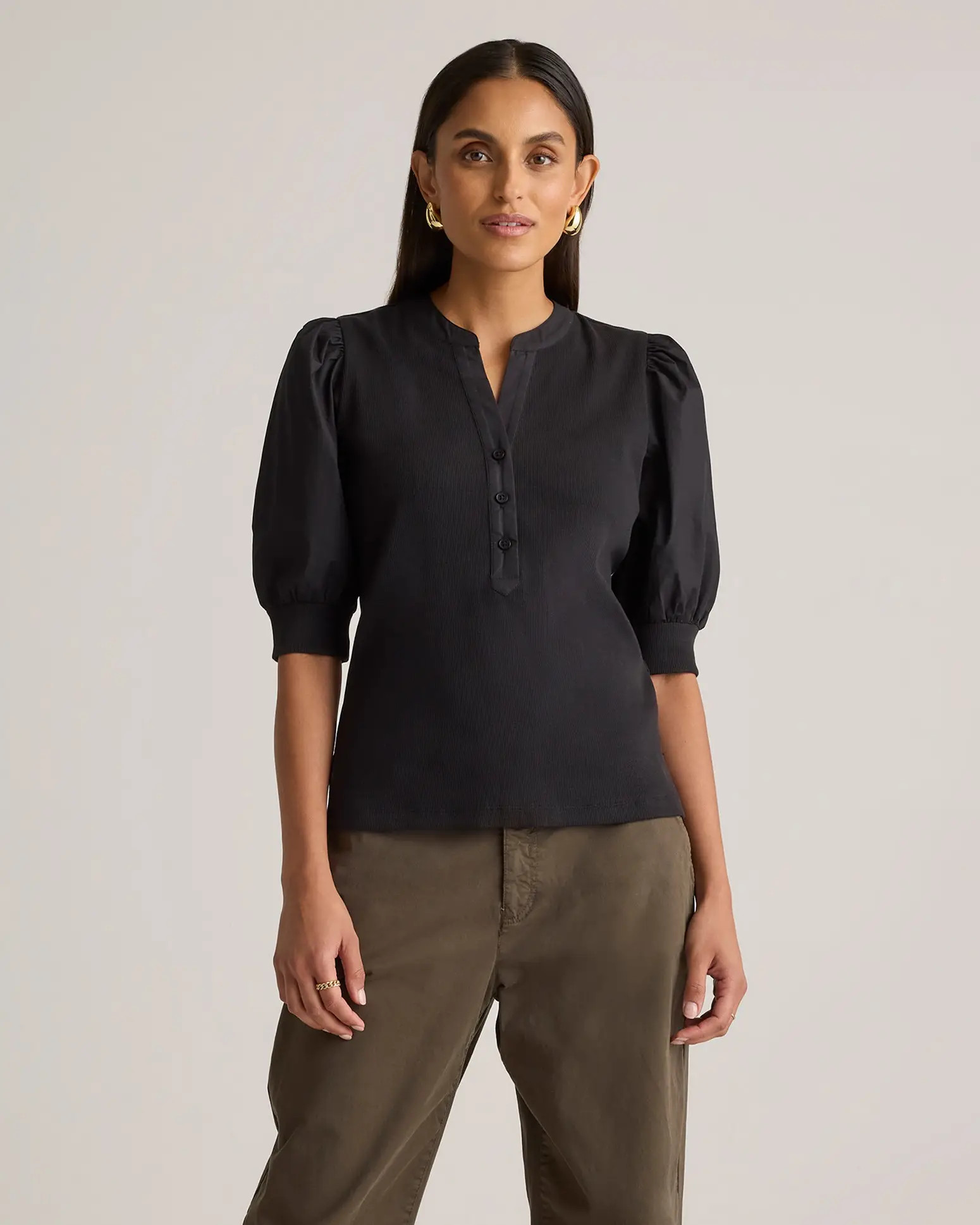 Cotton Mixed Media Puff Sleeve Top in Black | Quince