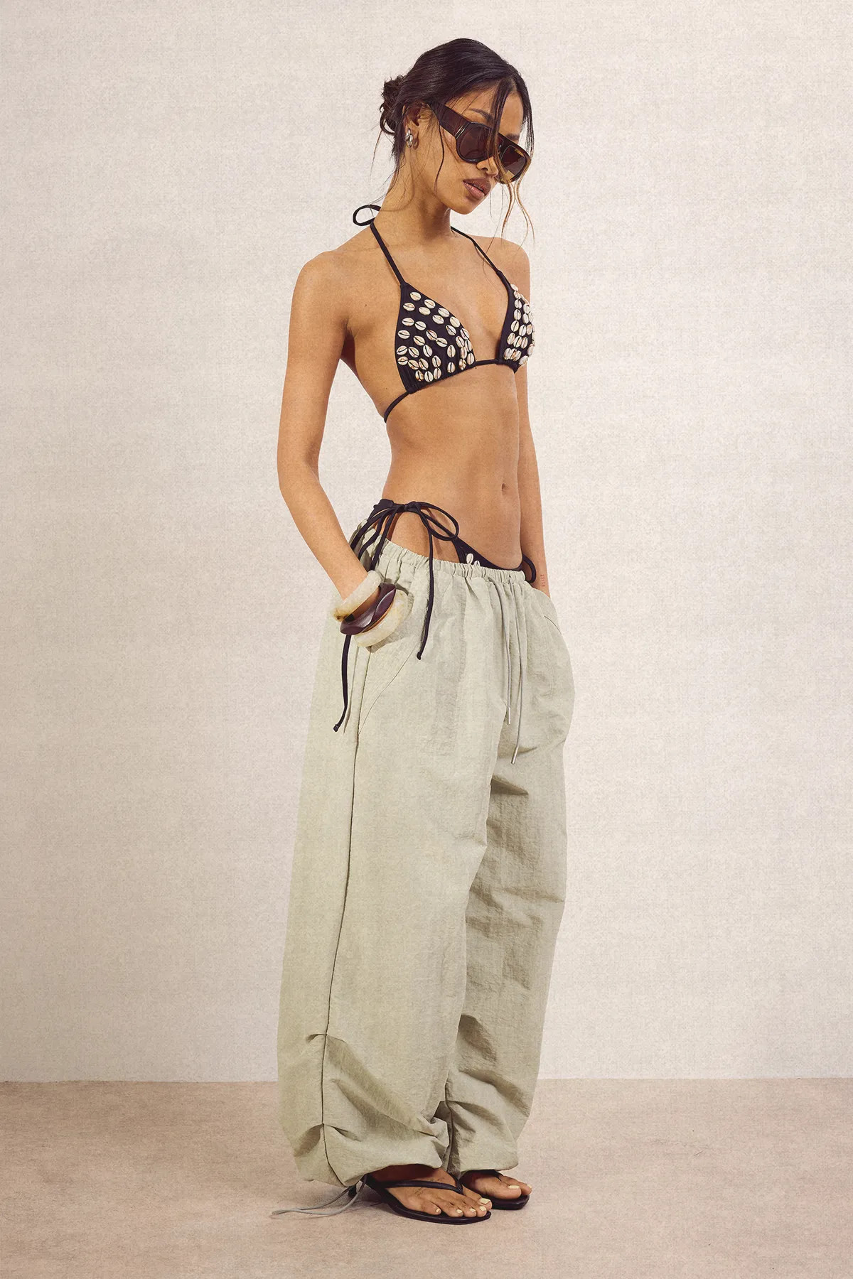 Sage Drawcord Nylon Wide Leg Trousers | Boohoo | Boohoo.com (UK & IE)