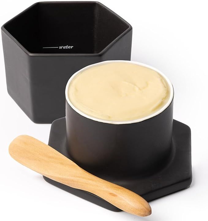 French Butter Crock w/ Lid & Wood Spreading Knife - Matte Black Butter Keeper - Modern Hexagon Sh... | Amazon (US)