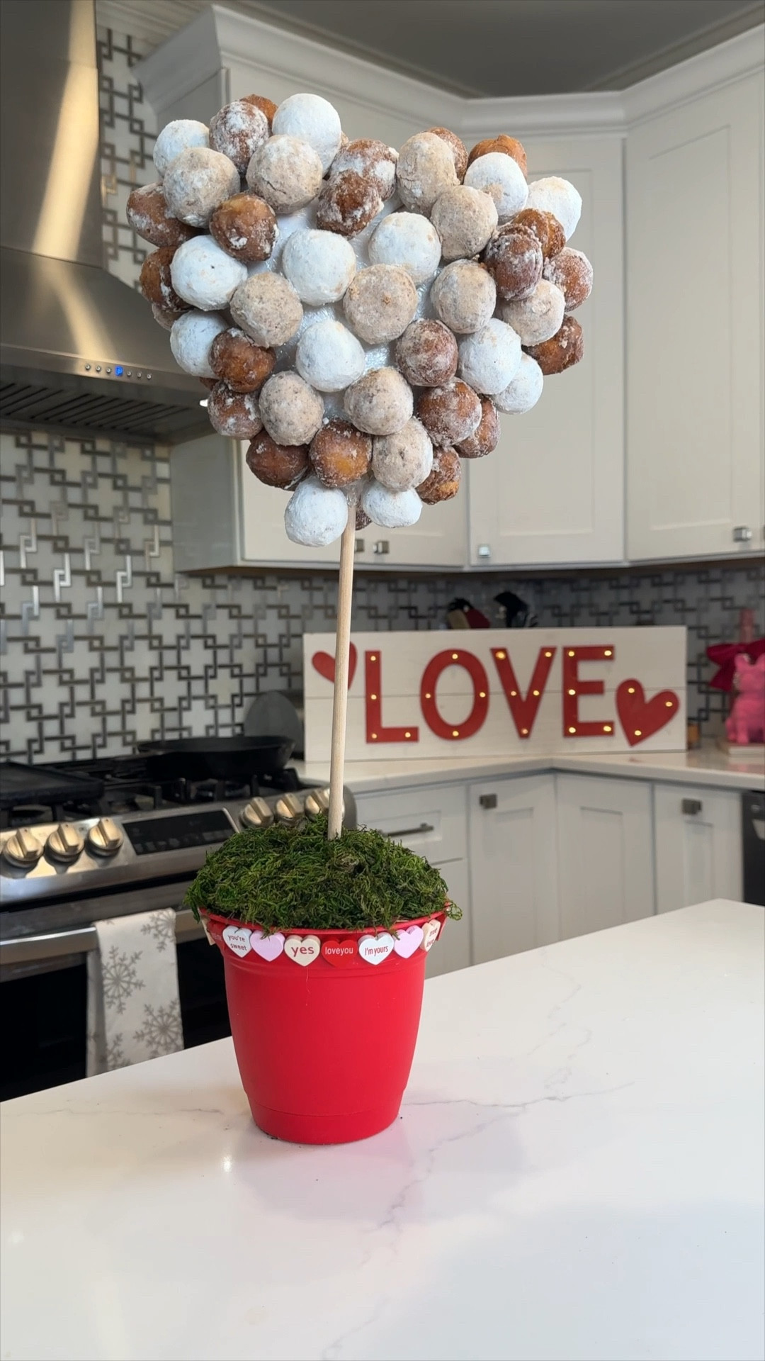 Donut Hole Topiary for Valentine’s Day!  This is such a fun project that would make a perfect centerpiece!! Tips: This is top heavy so make sure to weight your pot down to help stabilize it.  You’ll want to use a thicker dowel rod to support the weight of the donuts.  The shorter the dowel rod the sturdier it will be.  I cut mine down to 18” but 12”-14” would give more support.   When you add the donuts to the bottom use 2-3 toothpicks to secure rather than one to give more support.  #valentinesdaydiy #donuttopiary #valentinesdayideas 

#LTKSeasonal #LTKparties #LTKhome