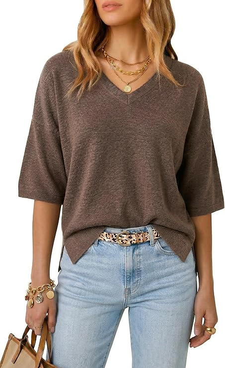 Arach&Cloz Women's Wool Blend Elbow Sleeve Summer Oversized Casual Sweater | Amazon (US)