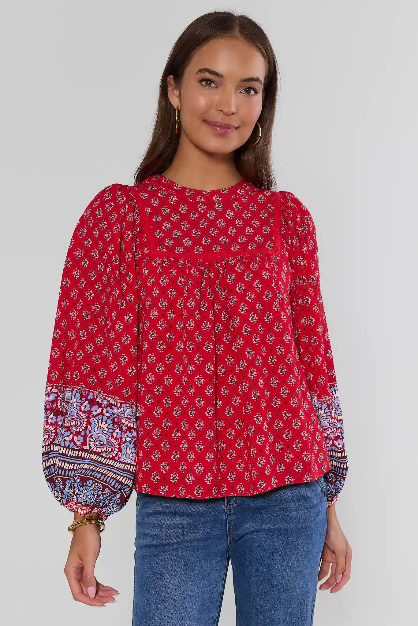 Red Printed Long Sleeve Top | Avara