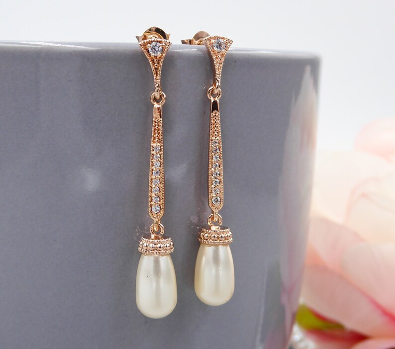 Art Deco Style Slim Long Drop Pearl Earrings. Gold Silver or - Etsy | Etsy (US)