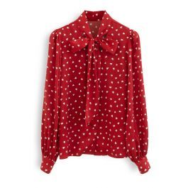 Falling Heart Self-Tie Bowknot Satin Shirt in Red | Chicwish