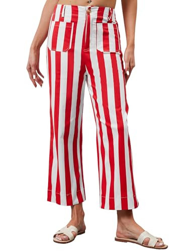 Eutten Womens Cropped Striped Jeans High Waisted Strechy Wide Leg Capri Jeans Straight Flare Ankle Denim Pants with Pockets Red | Amazon (US)