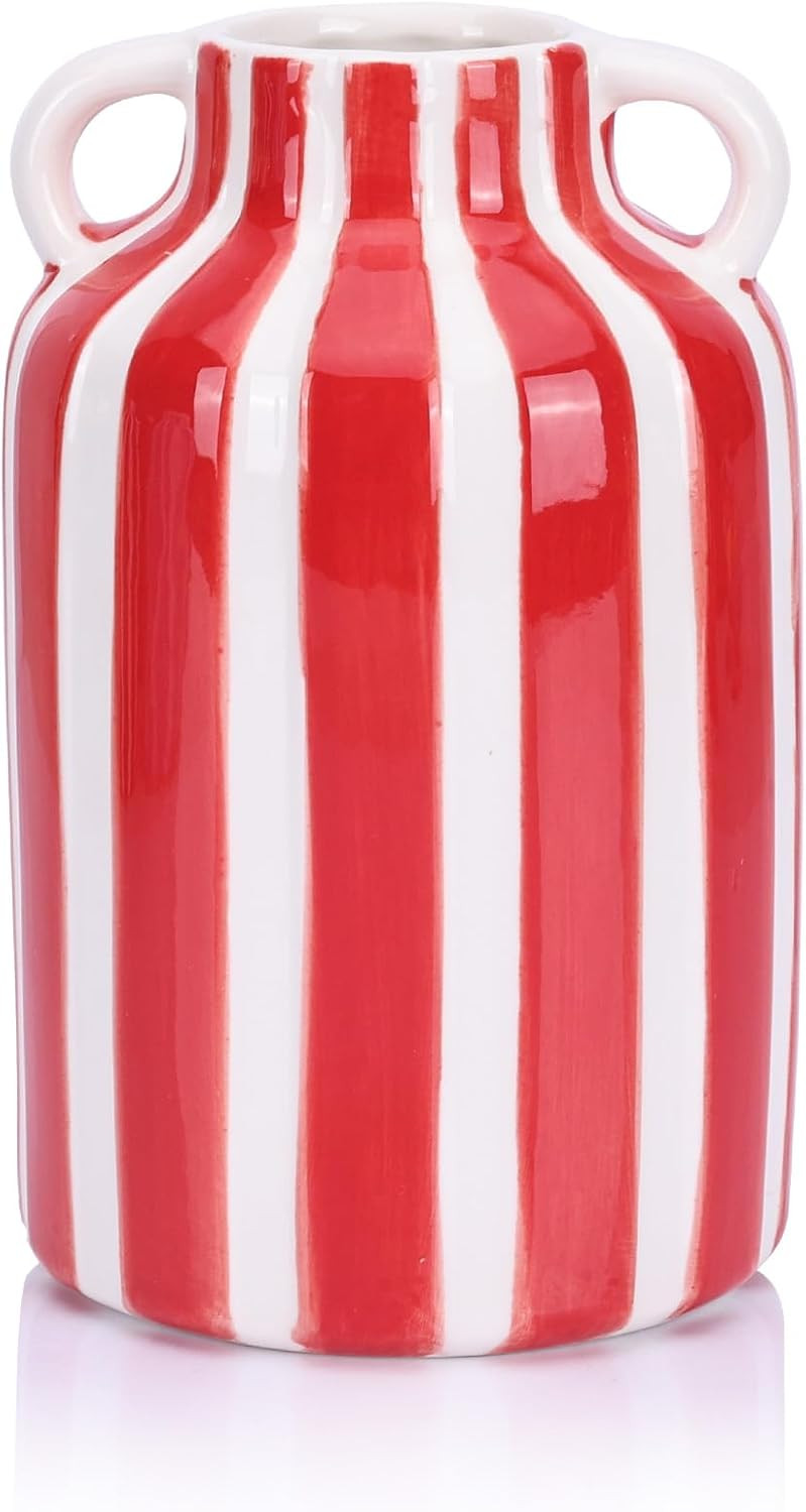 Ceramic Red White Striped Checkered Vase with Handles, Modern Bohemian Minimalist Home Decor Vase... | Amazon (US)