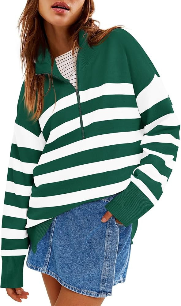 Yousify Women’s Casual Long Sleeve Half Zip Striped Pullover Sweaters V Neck Color Block Ribbed... | Amazon (US)