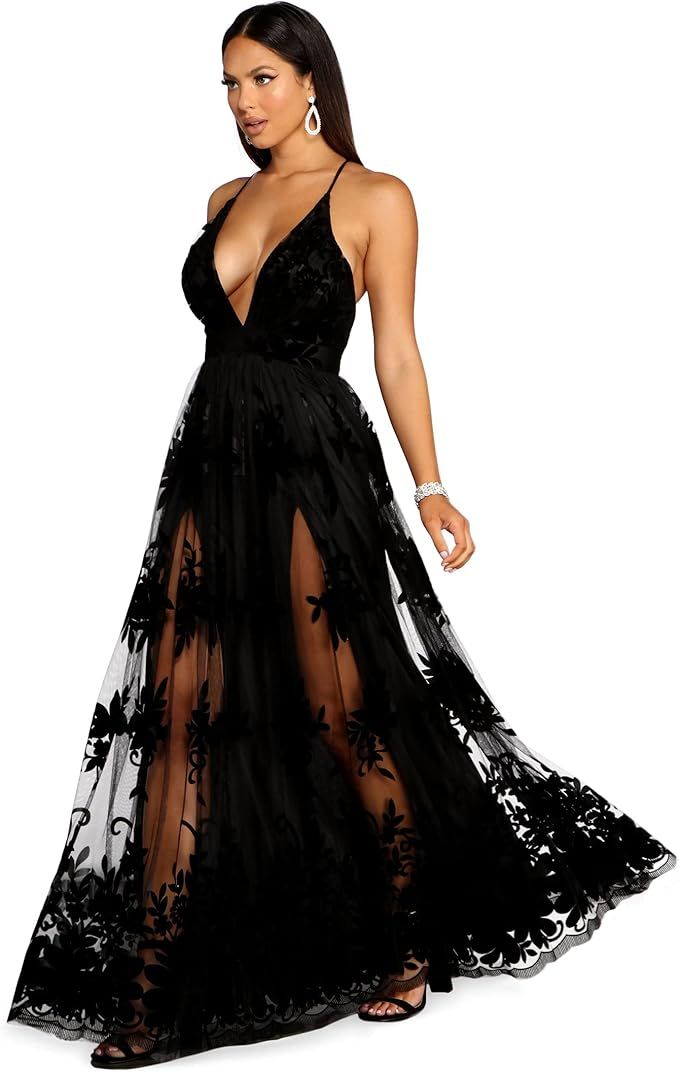 Windsor Long Formal Tulle Dress, V-Neck Floral Flocked-Velvet Long Formal Dress with High Front L... | Amazon (US)