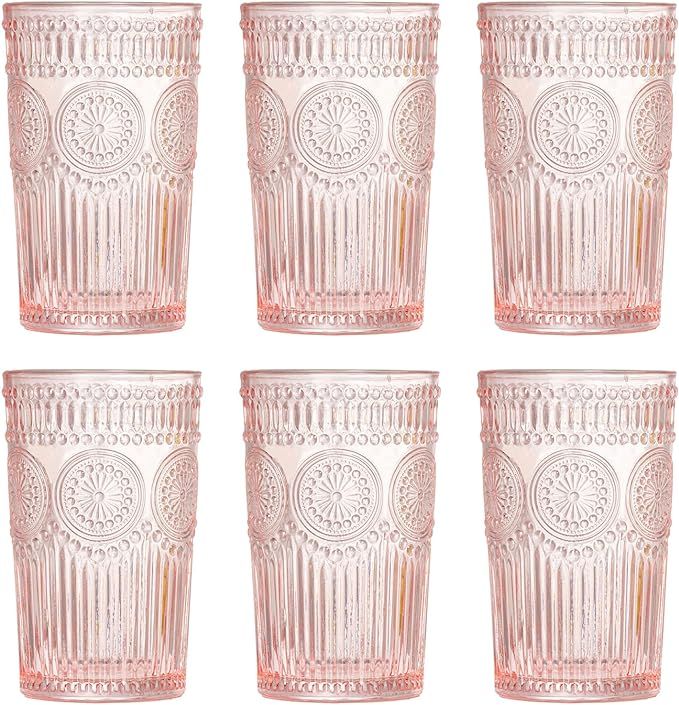 Megarte Vintage Glassware Romantic 12 OZ Pink Embossed Drinking Glasses Set of 6 - Perfect for Co... | Amazon (US)