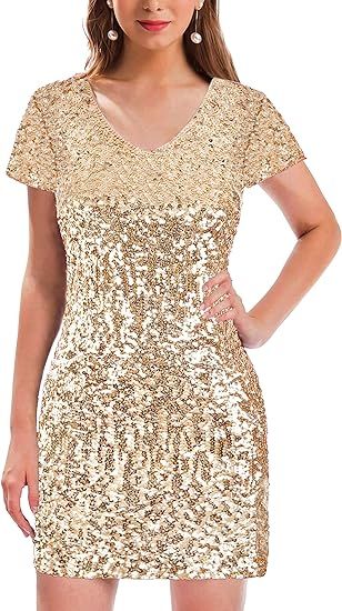 MANER Women's Sequin Glitter Short Sleeve Dress Sexy V Neck Mini Party Club Bodycon Dresses | Amazon (US)