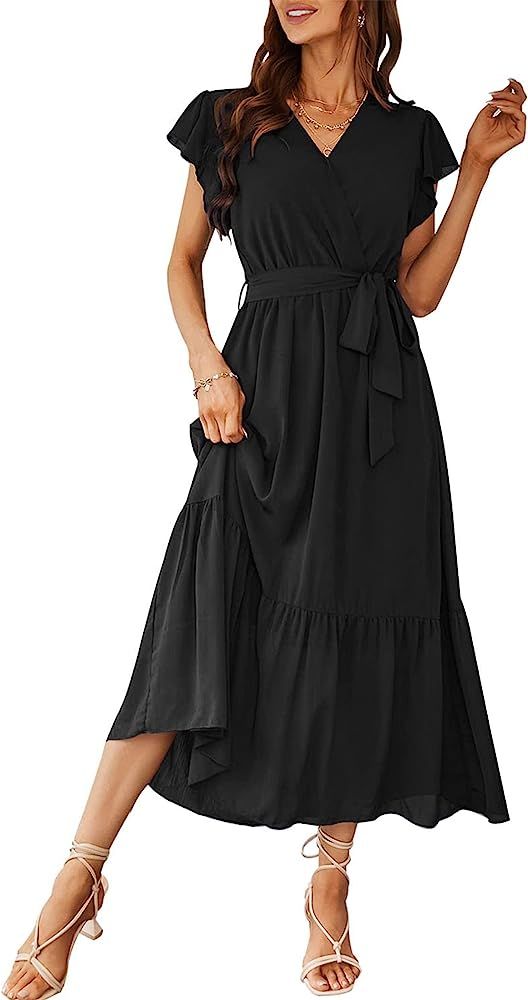 PRETTYGARDEN Women's 2023 Floral Boho Dress Wrap V Neck Short Sleeve Belted Ruffle Hem A-Line Flo... | Amazon (US)