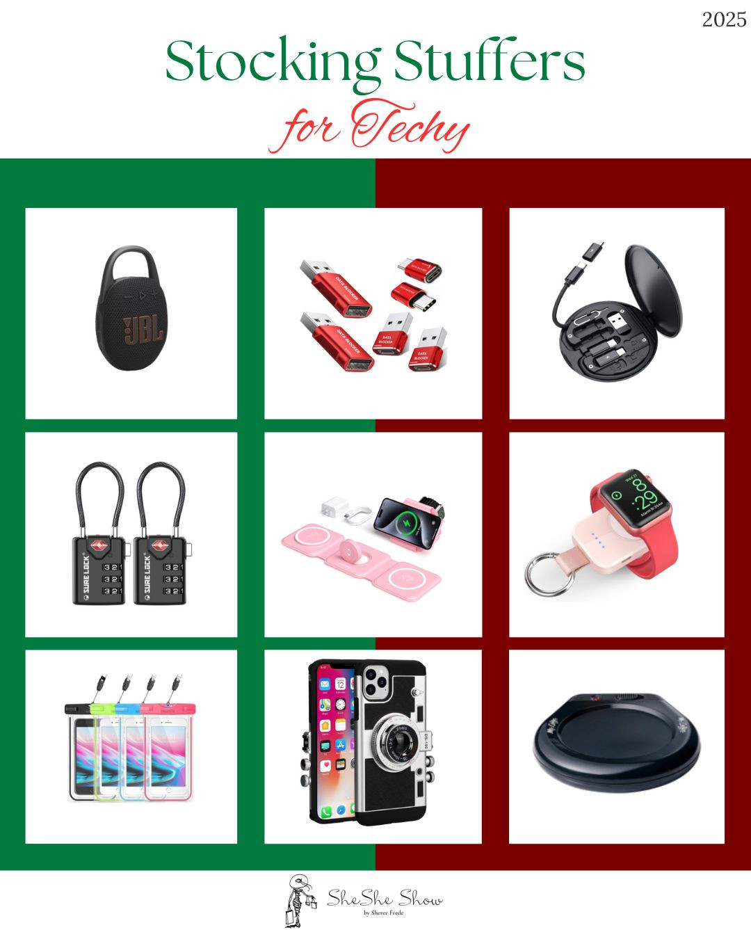  Sticking stuffers for the techy.
Apple Watch charger, phone cord connectors, ear buds, USB data blocker, 
Glue gun, flashlight, fake camera phone case. 
 

#LTKGiftGuide #LTKHoliday #LTKFindsUnder50