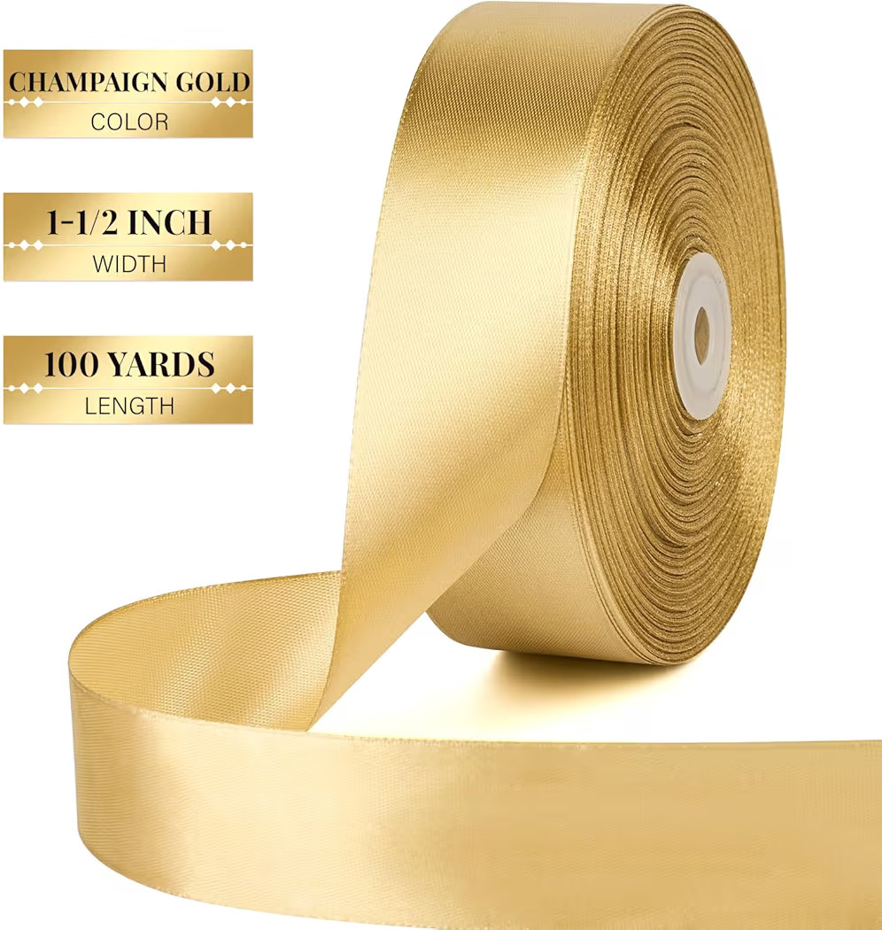 1-1/2 Inch 100 Yards Champagne Gold Satin Ribbon, Solid Fabric Ribbon Roll for Flower Bouquet, Gi... | Amazon (US)