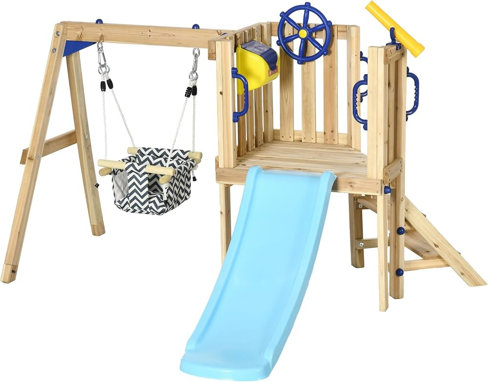 Outsunny 3 in 1 Wooden Swing Set Outdoor Playset with Baby Swing Seat, Toddler Slide, Captain's W... | Amazon (US)