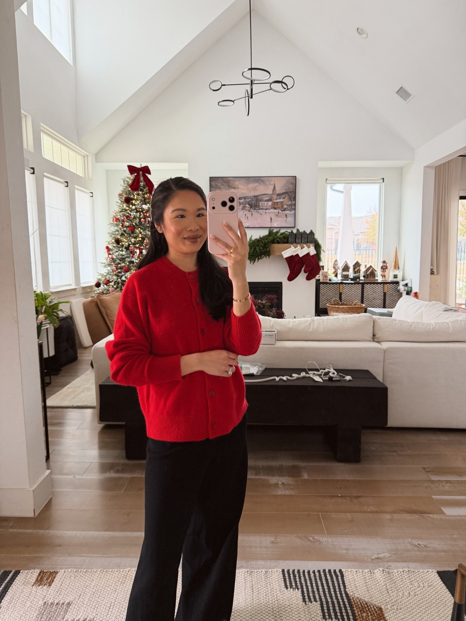 Casual holiday outfit with a red cashmere cardigan (XS) that’s ultra warm and knit sweater pants. Added a velvet red bow to my hair to keep it out of my face. Also linking our Christmas tree and holiday decor  

#LTKHoliday #LTKmomlife #LTKPetite