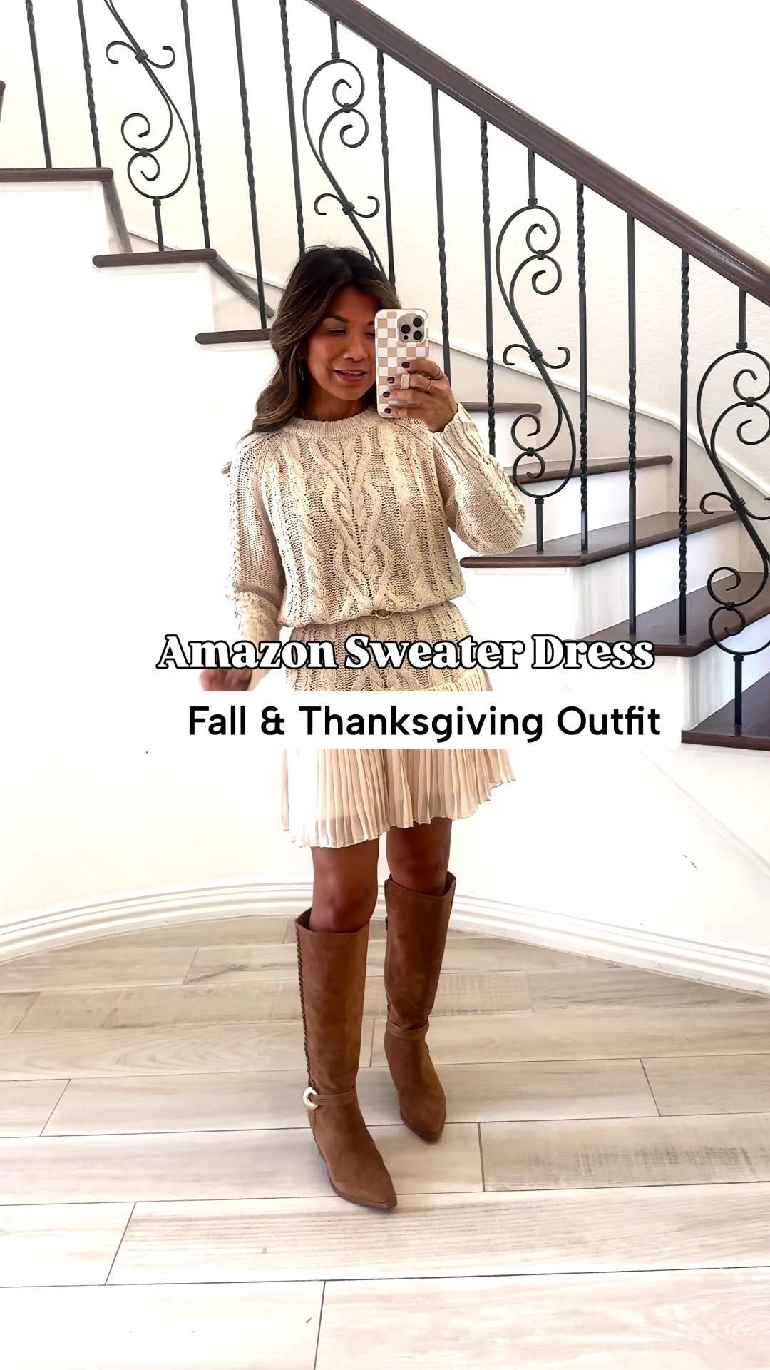 I’m 5’2” 118#ish for reference.
Sweater dress is a 1-piece, size small tts but long on me so I shortened with a stretchy belt. 
Boots tts in Dark Taupe
Thanksgiving outfit, family photos, Amazon finds, fall outfits,fashion over 40, over 50 style, midlife fashion, petite fashion,midlife fashion, affordable fashion, fashion over40 


#LTKHoliday #LTKPetite #LTKOver40