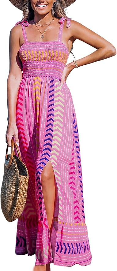 CUPSHE Women's Maxi Dress Straps Paisley Casual Smocked Ruffled Slit A Line Long Beach Summer Dre... | Amazon (US)