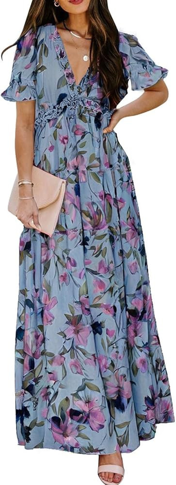 BLENCOT Womens Casual Boho Floral Printed V Neck Short Sleeve Long Evening Dress Ruched Cocktail ... | Amazon (US)
