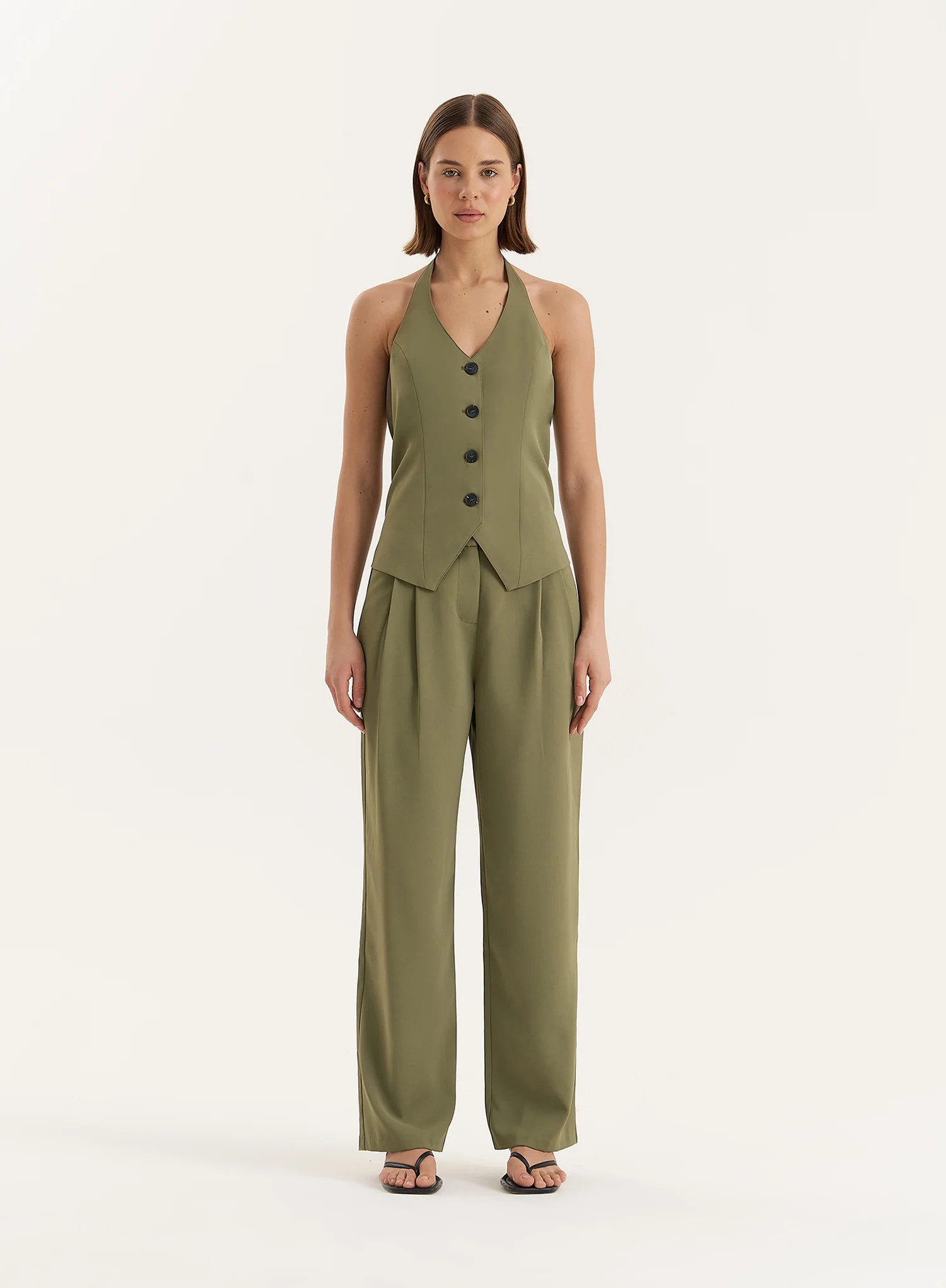 Khaki Tailored Straight Leg Trousers- Sabrina | 4th & Reckless