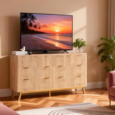6 Drawer Dresser, Modern Natural Fluted Dresser for Bedroom, Wooden Wide Chest of Drawers Storage Organizer with Legs for Living Room, Entryway | Wayfair North America