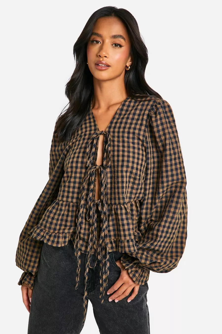 Petite Gingham Ruffle Detail Tie Front Top | boohoo (US & Canada)