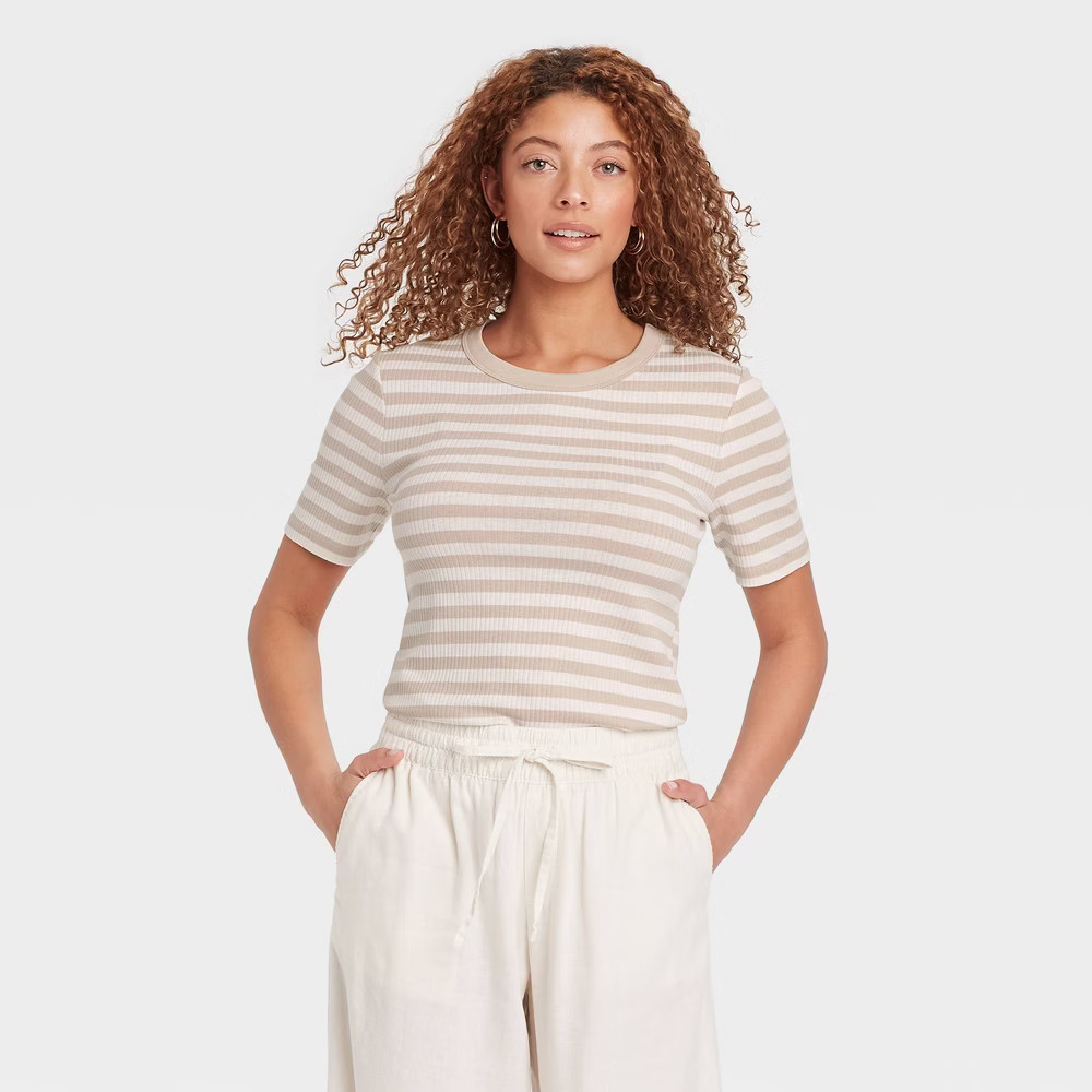 Women's Short Sleeve Rib T-Shirt - A New Day™ Taupe | Target
